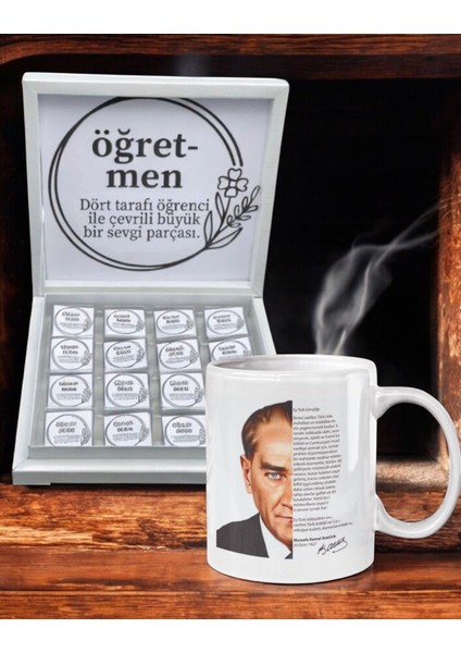 Öğretmenler Günü Hediyesi Atatürk ve Gençliğe Hitabe Özel Baskılı Kupa ve Karton Kutuda 32 Adet Madlen