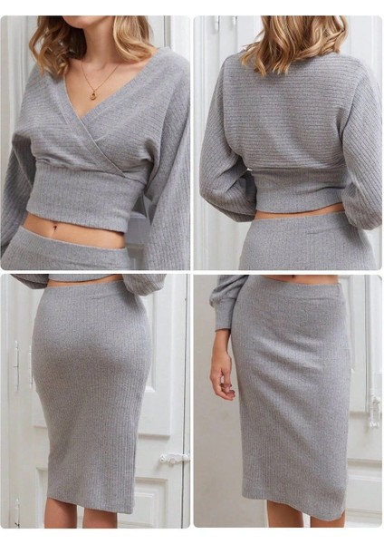 Kruvaze Şardonlu Etekli Takım Gri indirimleri