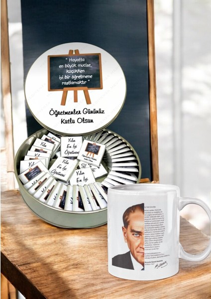 Öğretmenler Günü Hediyesi Atatürk ve Gençliğe Hitabe Özel Baskılı Kupa ve Karton Kutuda 50 Adet Madlen