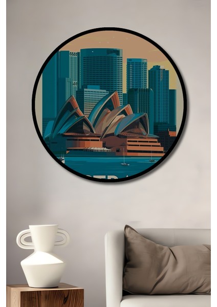 Çerçeve Görünümlü Sidney Opera Evi Ahşap Mdf Dekoratif Ev Duvar Tablo Yuvarlak Ev Duvar Tablo
