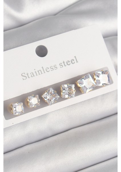 316L Çelik Gold Renk Kare Zirkon Taş Model Kadın Küpe Seti - TJ-BKP10304