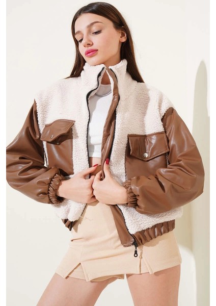 Deri Garnili Cepli Peluş Mont Taba T1253 modelleri