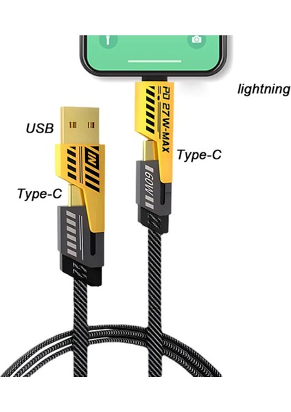 4in1 Type-C 65W To Usb-A + Type-C To Lightning 27W Hızlı Şarj Kablosu Siyah