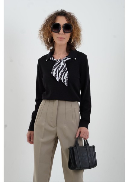 Siyah Polo Yaka Fularlı Uzun Kol Kazak