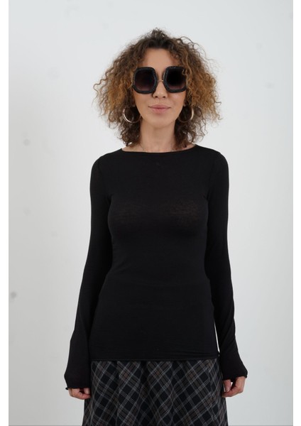 Siyah Kayık Yaka Modal Kaşmir Bluz modelleri