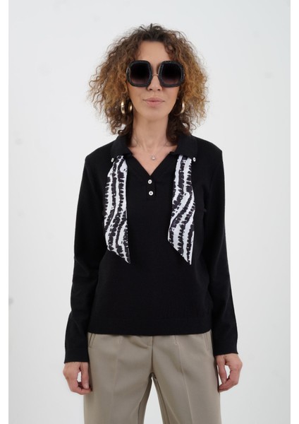 Siyah Polo Yaka Fularlı Uzun Kol Kazak modelleri