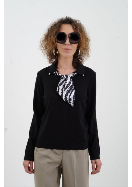 Siyah Polo Yaka Fularlı Uzun Kol Kazak fırsatları