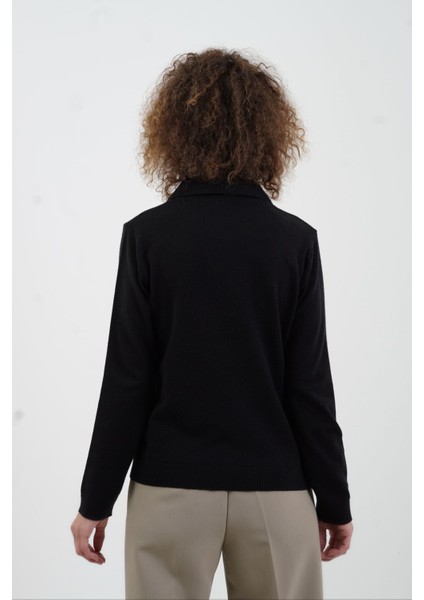 Siyah Polo Yaka Fularlı Uzun Kol Kazak indirimleri