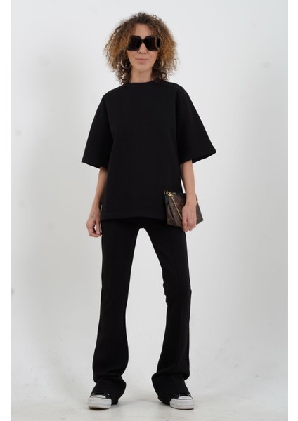 Siyah Kısa Kollu Oversize Tshirt Dikiş Detaylı Pantolon Takım