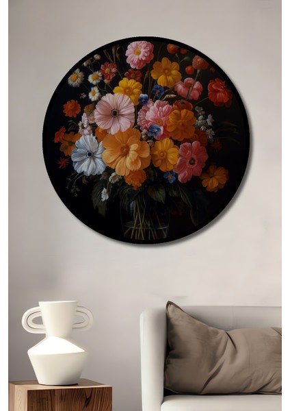 Çerçeve Görünümlü Renkli Çiçek Buketi Ahşap Mdf Dekoratif Ev Duvar Tablo Yuvarlak Ev Duvar Tablo