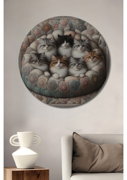 Sevimli Kediler Dekoratif Ahşap Mdf Ev/işyeri Duvar Tablo Yuvarlak Ev/işyeri Duvar Tablo