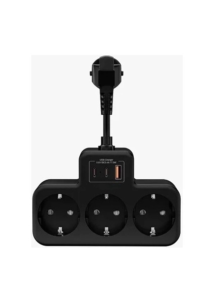Çoklu Kablolu Priz Yüksek Gerilim Korumalı 3’lü Priz 1x USB 2x Type-C Çıkışlı Grup Priz Çoğaltıcı Siyah