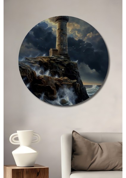 Fırtınalı Deniz Feneri Dekoratif Ahşap Mdf Ev/işyeri Duvar Tablo Yuvarlak Ev/işyeri Duvar Tablo