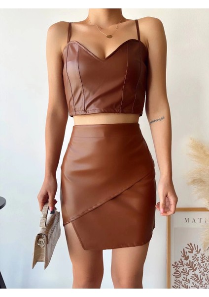 Kapaklı Asimetrik Model Deri Etek Kahve S240106