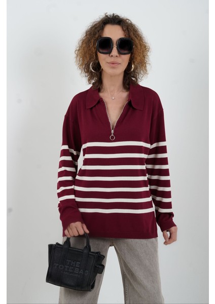 Bordo Çizgili Fermuarlı Polo Yaka Kazak