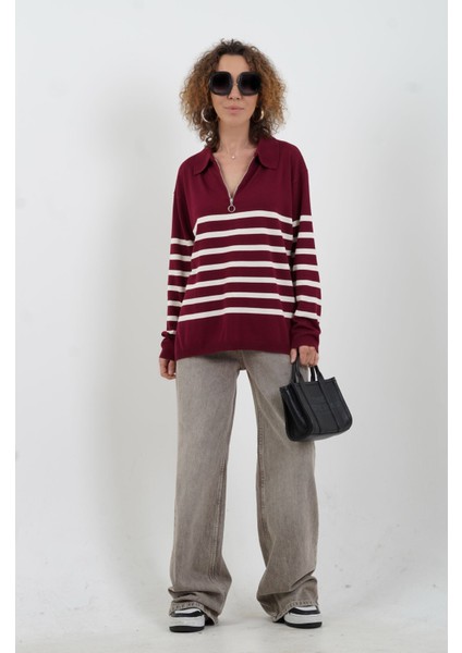 Bordo Çizgili Fermuarlı Polo Yaka Kazak fiyatları