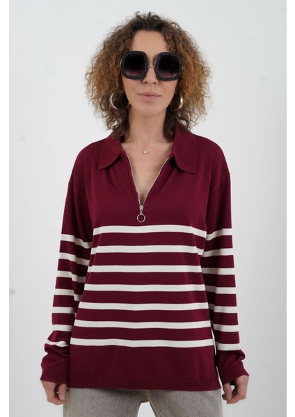 Bordo Çizgili Fermuarlı Polo Yaka Kazak modelleri