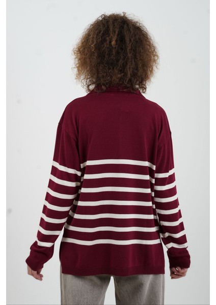 Bordo Çizgili Fermuarlı Polo Yaka Kazak fırsatları