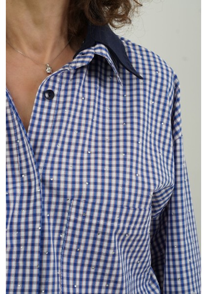 Lacivert Çift Yaka Taşlı Pötikare Gömlek fırsatları