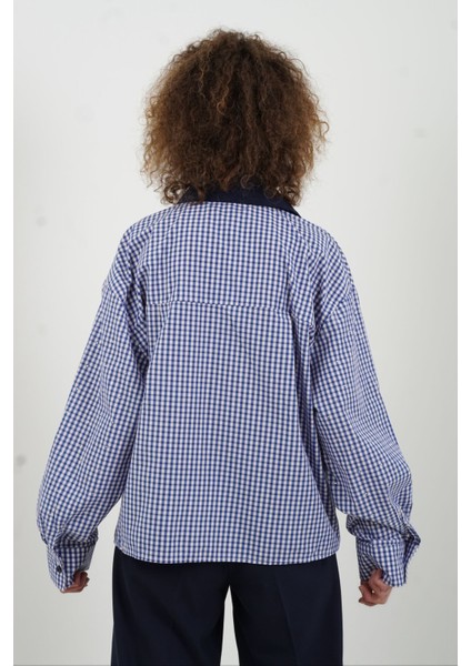 Lacivert Çift Yaka Taşlı Pötikare Gömlek