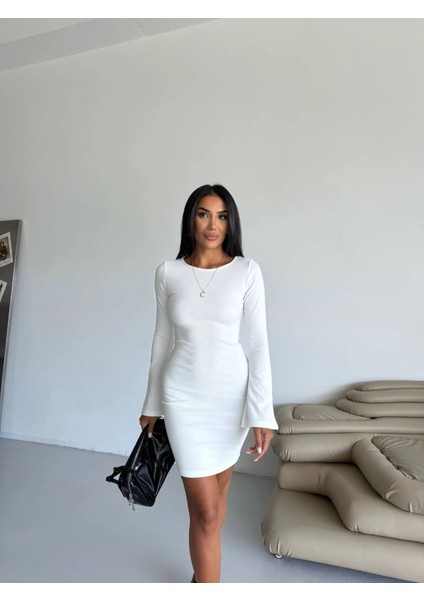 Prenses Kol Esnek Kumaş Elbise Beyaz F2334 fırsatları
