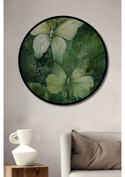 Çerçeve Görünümlü Yeşil Kelebekler Dekoratif Ahşap Mdf Ev Duvar Tablo Yuvarlak Ev Duvar Tablo