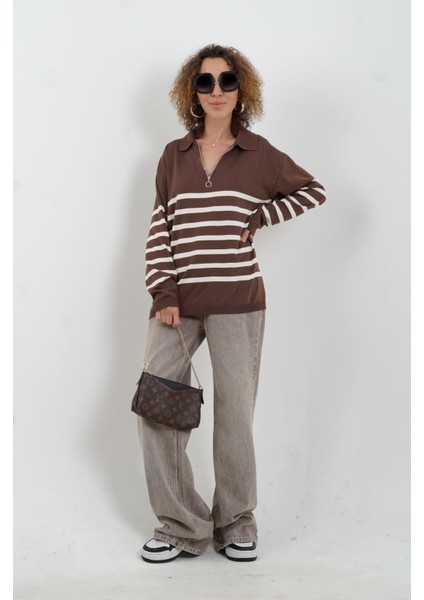 Kahve Çizgili Fermuarlı Polo Yaka Kazak fiyatları