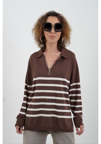Kahve Çizgili Fermuarlı Polo Yaka Kazak modelleri