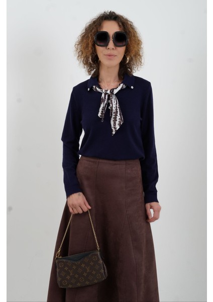 Lacivert Polo Yaka Fularlı Uzun Kol Kazak