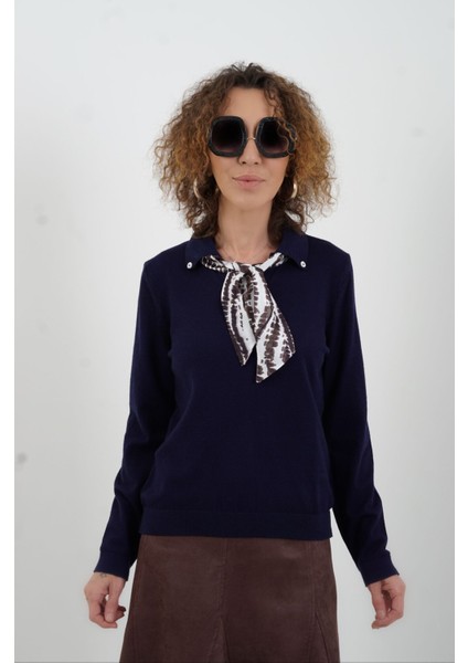 Lacivert Polo Yaka Fularlı Uzun Kol Kazak modelleri