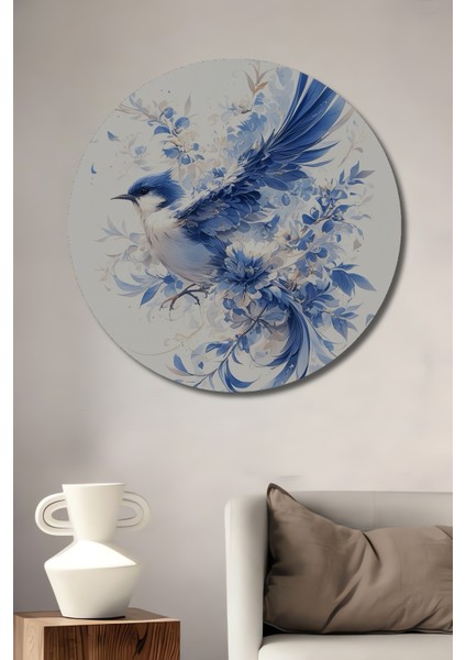 Mavi Serçe Ahşap Mdf Dekoratif Ev/işyeri Duvar Tablo Yuvarlak Ev/işyeri Duvar Tablo