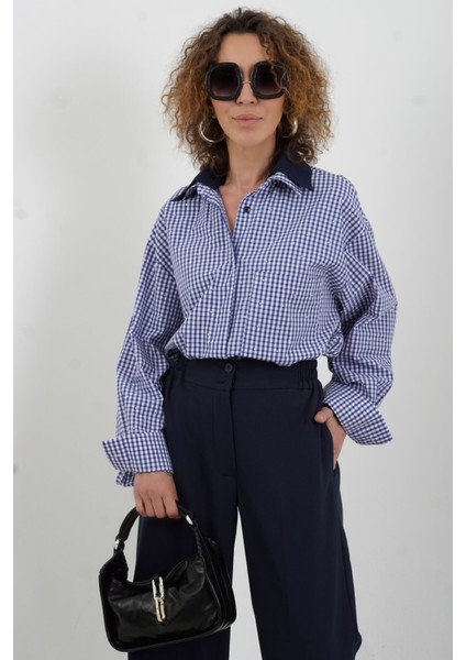 Lacivert Çift Yaka Taşlı Pötikare Gömlek