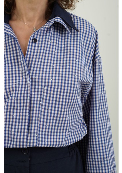 Lacivert Çift Yaka Taşlı Pötikare Gömlek modelleri