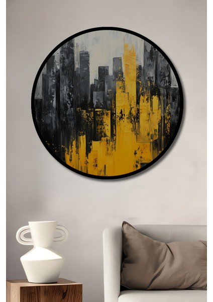 Çerçeve Görünümlü Sarının Asaleti Modern Şehir Dekoratif Ahşap Mdf Tablo Yuvarlak Tablo