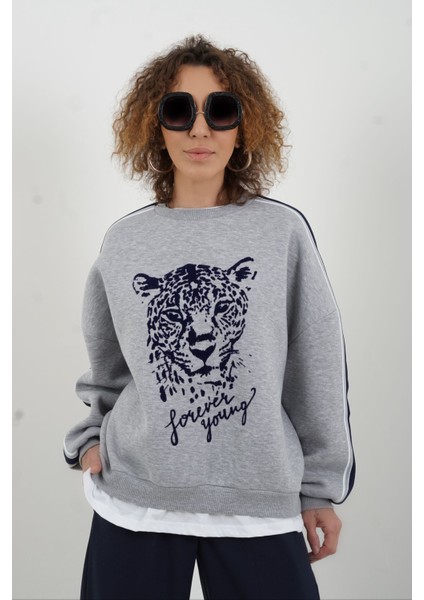 Kaplan Baskılı Tshirt Detaylı Oversize Sweatshirt