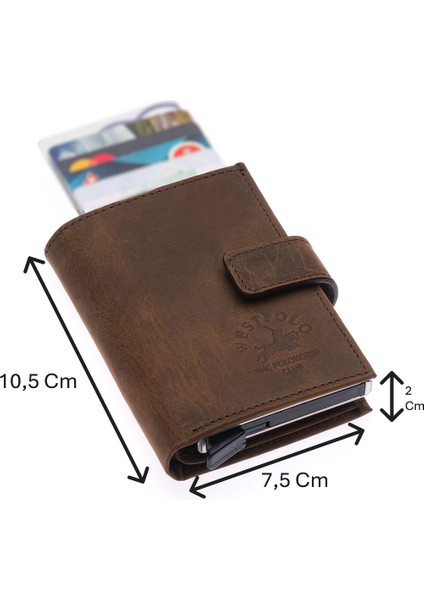 Hakiki Eskitme Deri Mekanizmalı, Kağıt Para Bölmeli ve Patlı Unisex Cüzdan Kartlık-G6 Kahve
