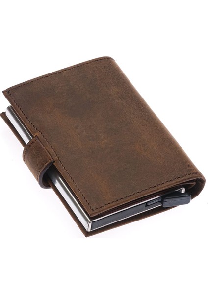 Hakiki Eskitme Deri Mekanizmalı, Kağıt Para Bölmeli ve Patlı Unisex Cüzdan Kartlık-G6 Kahve indirimleri