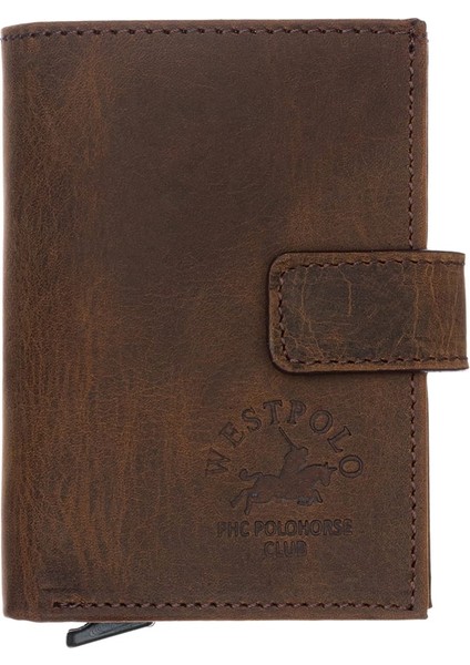 Hakiki Eskitme Deri Mekanizmalı, Kağıt Para Bölmeli ve Patlı Unisex Cüzdan Kartlık-G6 Kahve