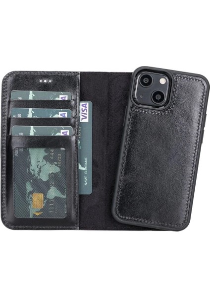 Apple iPhone 13 Mini Uyumlu Deri Cüzdanlı Kılıf Rst1 Siyah