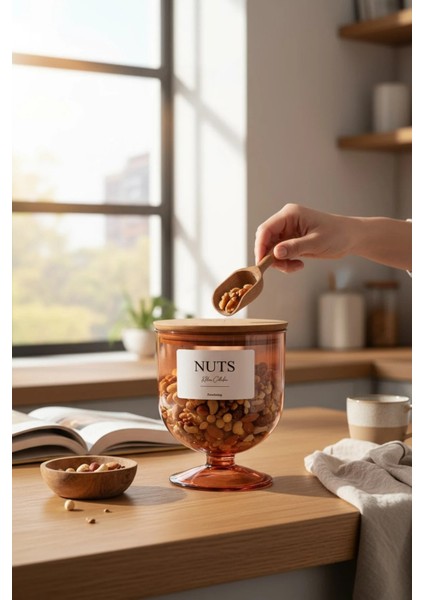 Ahşap Vakumlu Kapak Bakır Kuruyemiş Saklama Kabı 1500 ml (Sert Plastik)