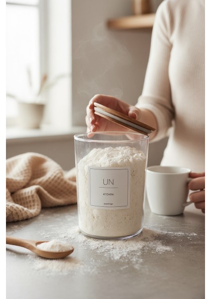 Ahşap Vakumlu Kapak Sert Plastik Un Kavanozu 2300 ml