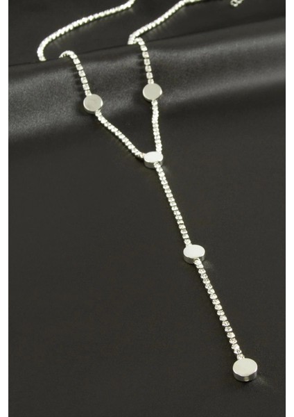 Yuvarlak Şerit Taşlı Çelik Y Kolye