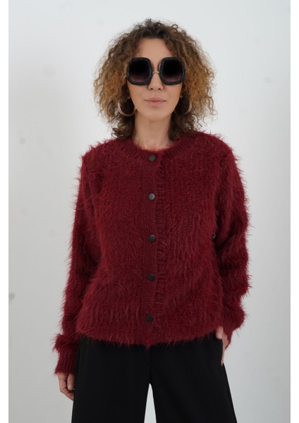 Bordo Sakallı Düğmeli Hırka