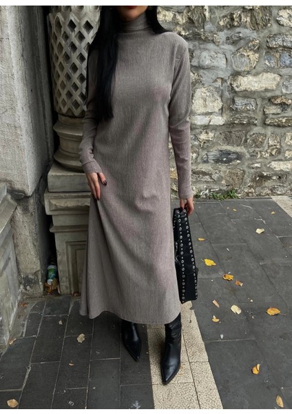 Boğazlı Kalın Bürümcük Uzun Elbise Vizon fiyatları