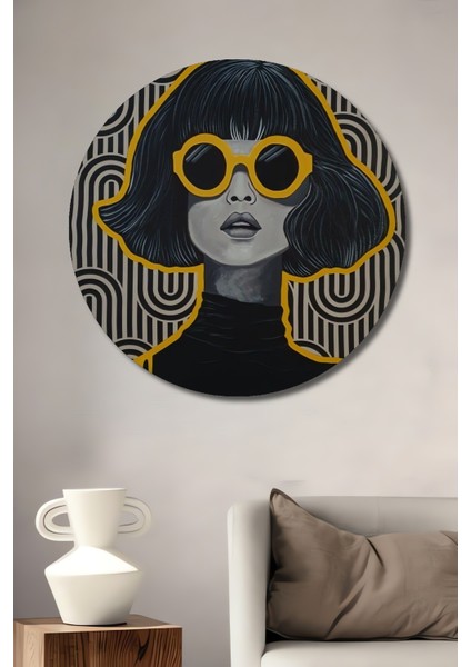 Retro Güneş Gözlüklü Kadın Dekoratif Ahşap Mdf Ev/işyeri Duvar Tablo Yuvarlak Ev/işyeri Duvar Tablo