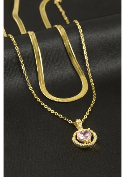 Kalp Zirkon Taşlı Çelik Ikili Kolye