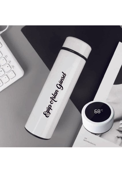Beyaz Dereceli Çelik Dijital LED Sıcaklık Göstergeli Akıllı Termos Matara Isim Baskılı 500ML