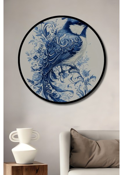 Çerçeve Görünümlü Mavi Süslü Kuş Ahşap Mdf Dekoratif Ev Duvar Tablo Yuvarlak Ev Duvar Tablo