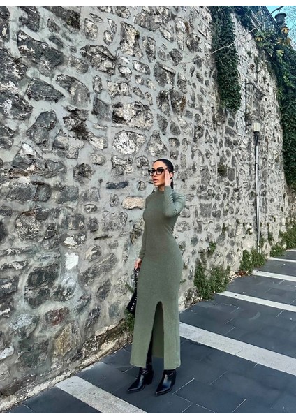 Yırtmaçlı Kalın Bürümcük Uzun Elbise Yeşil fiyatları