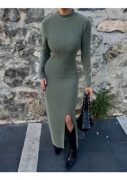 Yırtmaçlı Kalın Bürümcük Uzun Elbise Yeşil indirimleri